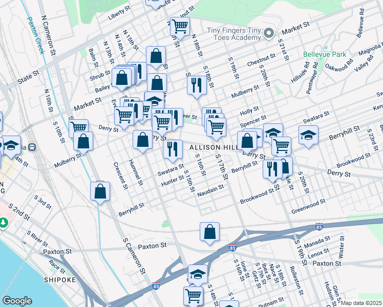 map of restaurants, bars, coffee shops, grocery stores, and more near 344 Brook Street in Harrisburg