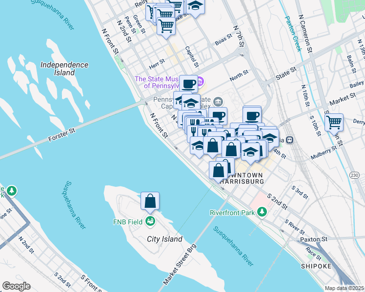 map of restaurants, bars, coffee shops, grocery stores, and more near 315 North Front Street in Harrisburg