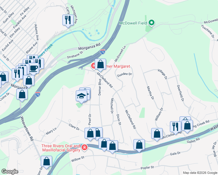 map of restaurants, bars, coffee shops, grocery stores, and more near 228 McClelland Road in Canonsburg