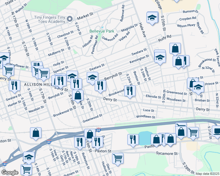 map of restaurants, bars, coffee shops, grocery stores, and more near 737 Girard Street in Harrisburg