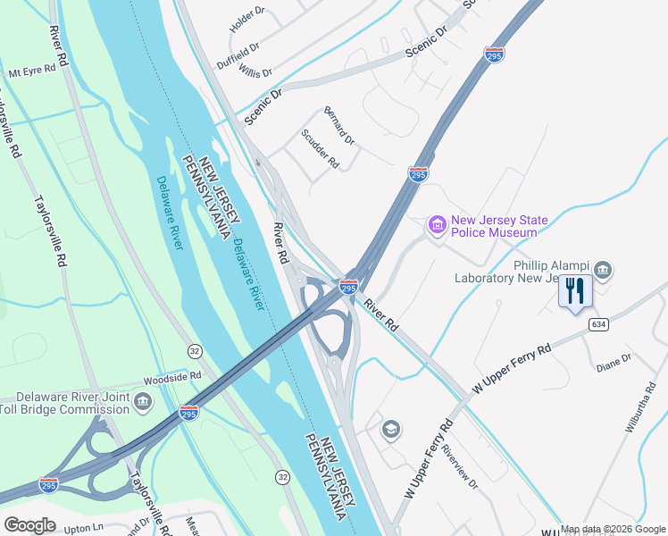 map of restaurants, bars, coffee shops, grocery stores, and more near 1050 Upper River Road in Ewing Township