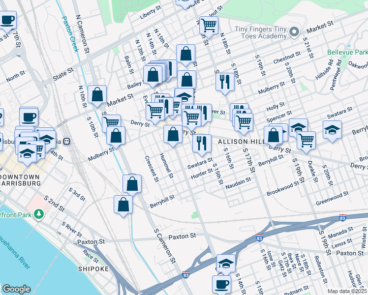 map of restaurants, bars, coffee shops, grocery stores, and more near 1317 Kittatinny Street in Harrisburg