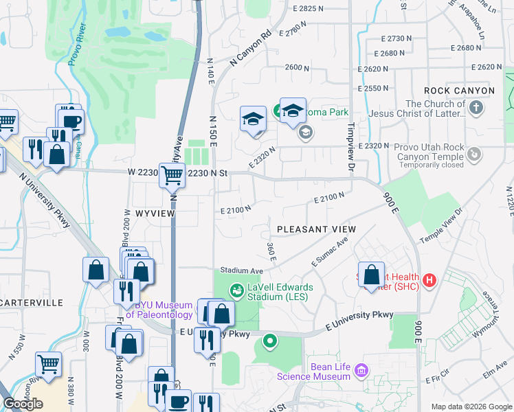 map of restaurants, bars, coffee shops, grocery stores, and more near 260 East 2100 North in Provo