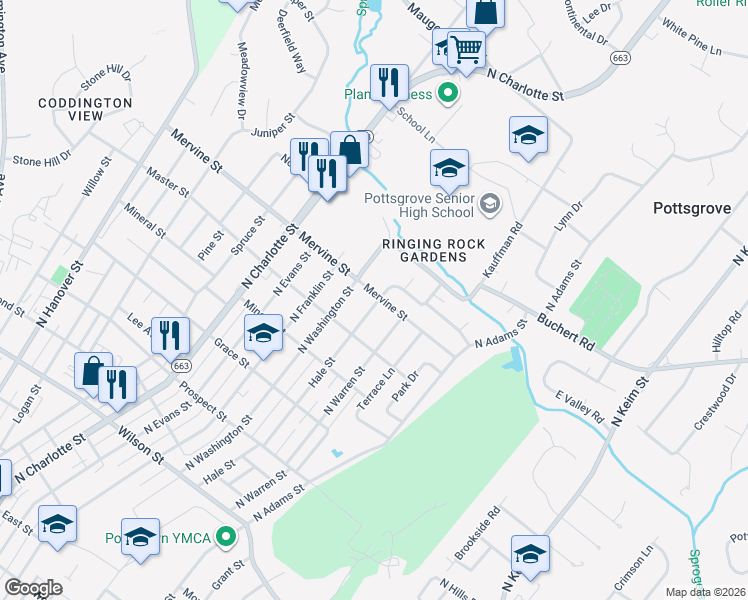 map of restaurants, bars, coffee shops, grocery stores, and more near 544 Mervine Street in Pottstown