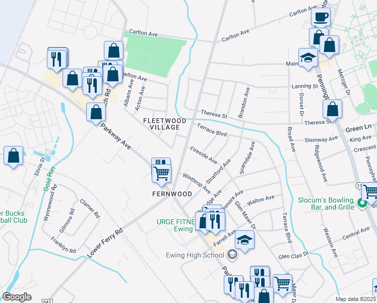 map of restaurants, bars, coffee shops, grocery stores, and more near 1142 Lower Ferry Road in Ewing Township