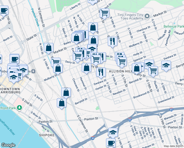 map of restaurants, bars, coffee shops, grocery stores, and more near 1317 Kittatinny Street in Harrisburg