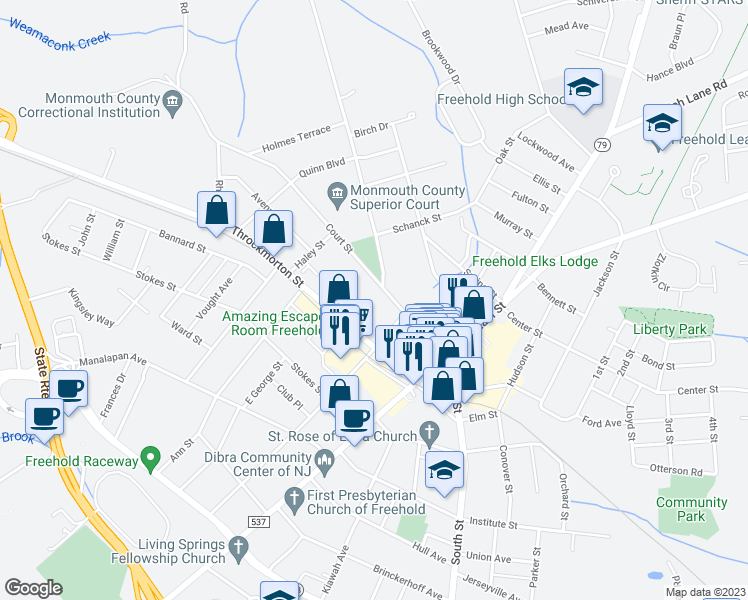 map of restaurants, bars, coffee shops, grocery stores, and more near 54 Court Street in Freehold