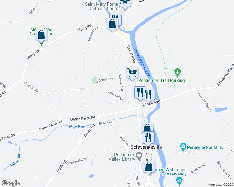 map of restaurants, bars, coffee shops, grocery stores, and more near 722 Mine Hill Road in Schwenksville