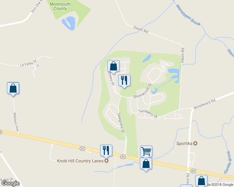 map of restaurants, bars, coffee shops, grocery stores, and more near 326 Saint Andrews Place in Englishtown