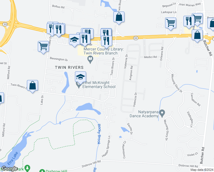 map of restaurants, bars, coffee shops, grocery stores, and more near 410 Kellington Drive in East Windsor