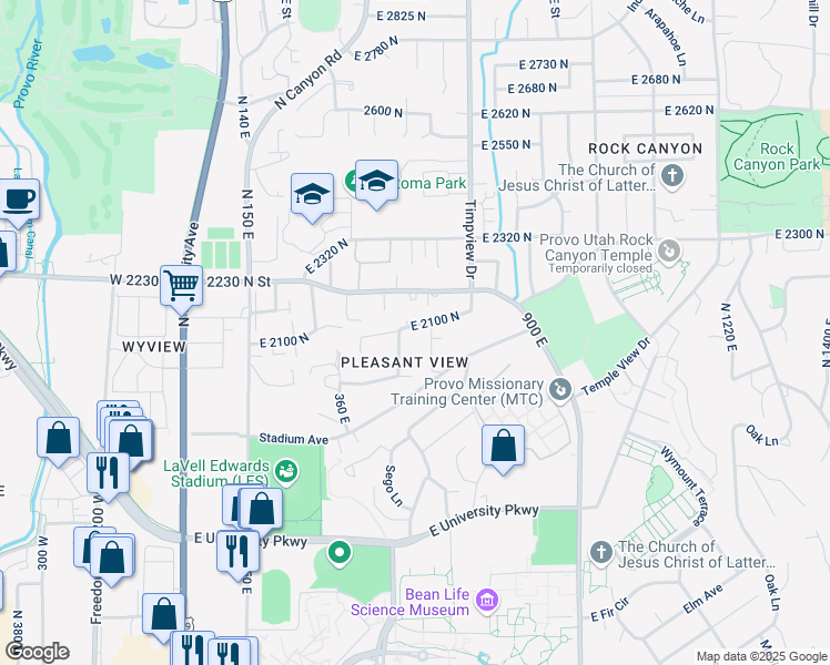 map of restaurants, bars, coffee shops, grocery stores, and more near 550 East 2100 North in Provo