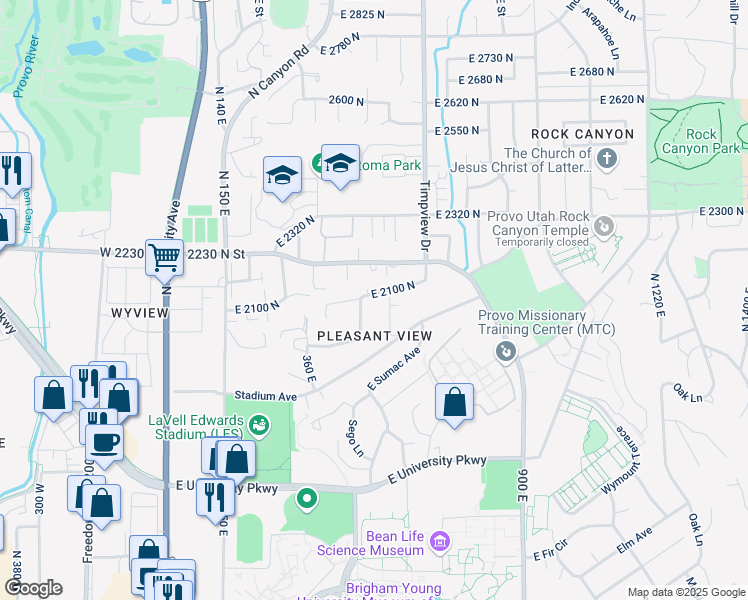 map of restaurants, bars, coffee shops, grocery stores, and more near 550 East 2100 North in Provo