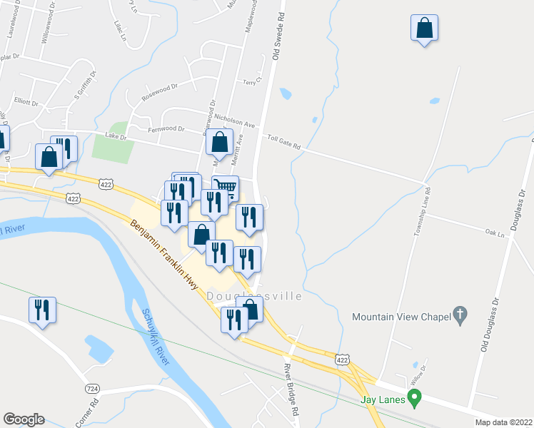 map of restaurants, bars, coffee shops, grocery stores, and more near in Douglassville