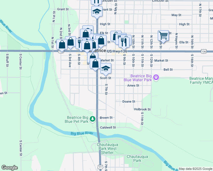 map of restaurants, bars, coffee shops, grocery stores, and more near 400 South 7th Street in Beatrice