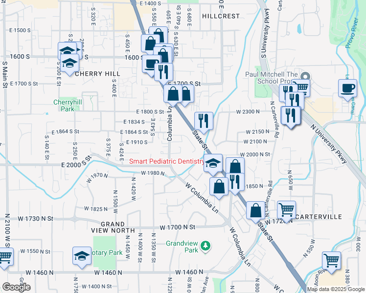 map of restaurants, bars, coffee shops, grocery stores, and more near 1947 South Columbia Lane in Orem