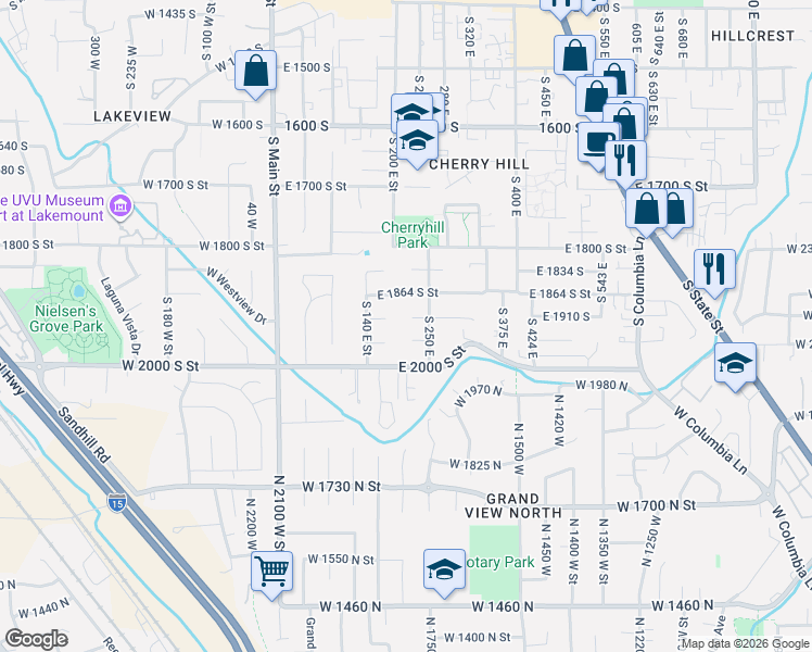 map of restaurants, bars, coffee shops, grocery stores, and more near 209 East 1950 South Street in Orem