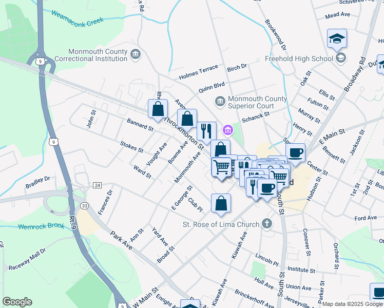 map of restaurants, bars, coffee shops, grocery stores, and more near 17 Monmouth Avenue in Freehold