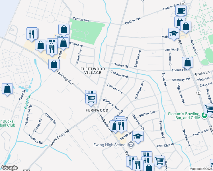 map of restaurants, bars, coffee shops, grocery stores, and more near 1136 Lower Ferry Road in Ewing Township