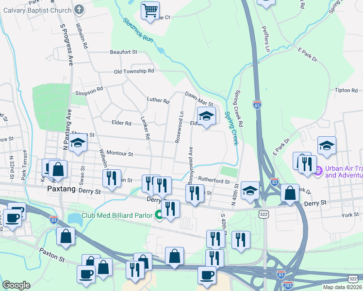 map of restaurants, bars, coffee shops, grocery stores, and more near 320 Bonnymead Avenue in Harrisburg