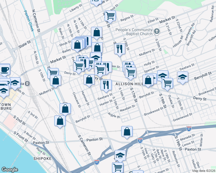 map of restaurants, bars, coffee shops, grocery stores, and more near 331 South 14th Street in Harrisburg