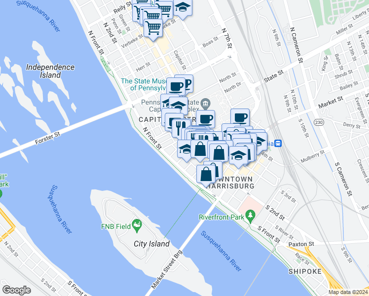 map of restaurants, bars, coffee shops, grocery stores, and more near 125 Pine Street in Harrisburg