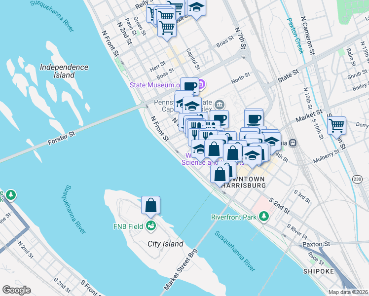 map of restaurants, bars, coffee shops, grocery stores, and more near 315 North Front Street in Harrisburg