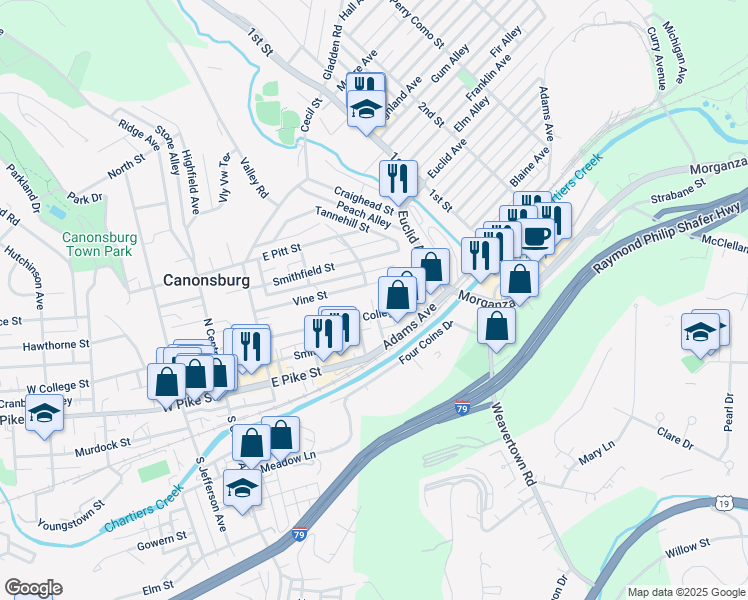 map of restaurants, bars, coffee shops, grocery stores, and more near 223 East College Street in Canonsburg