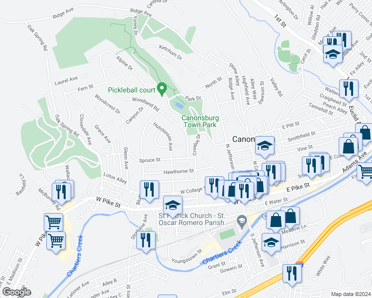 map of restaurants, bars, coffee shops, grocery stores, and more near 407 Woodland Road in Canonsburg