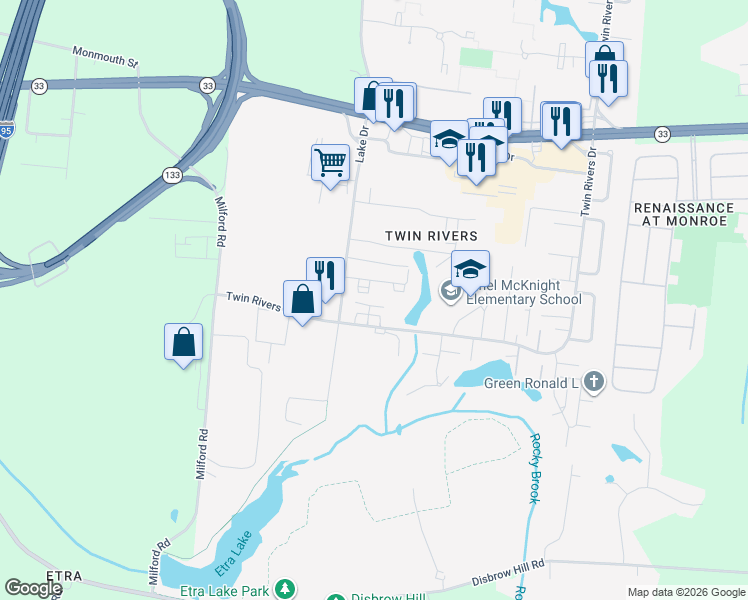 map of restaurants, bars, coffee shops, grocery stores, and more near 6 I Dennison Drive in East Windsor