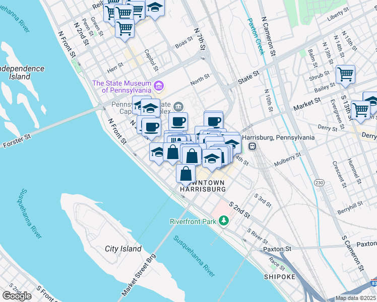 map of restaurants, bars, coffee shops, grocery stores, and more near 150 Strawberry Street in Harrisburg