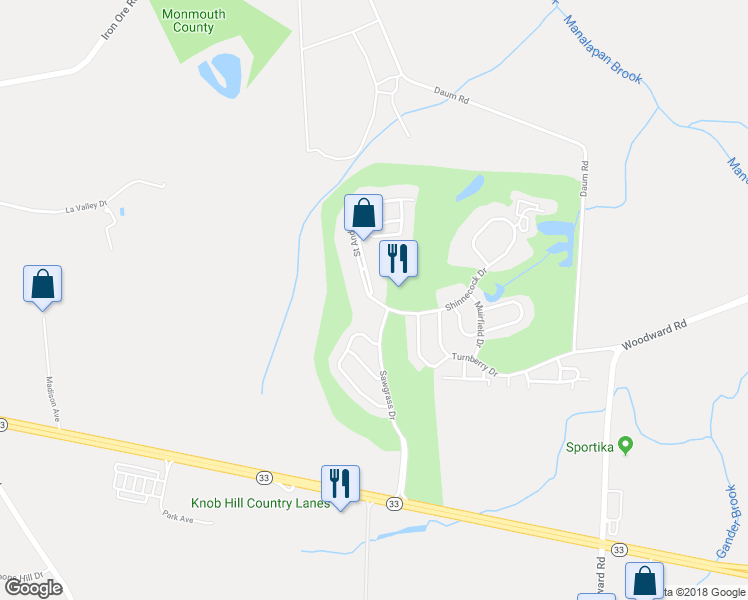map of restaurants, bars, coffee shops, grocery stores, and more near 345 Saint Andrews Place in Englishtown