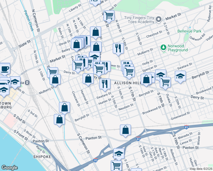map of restaurants, bars, coffee shops, grocery stores, and more near 331 South 14th Street in Harrisburg