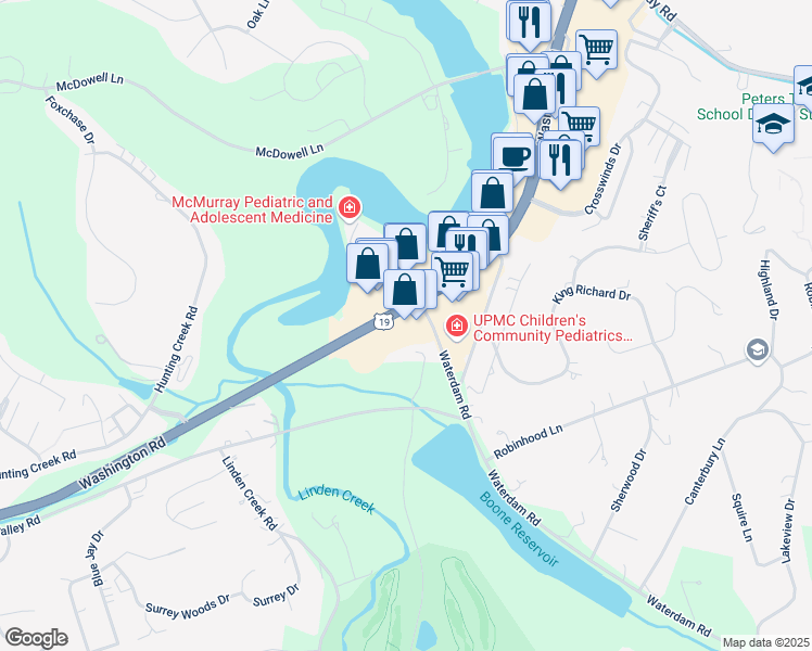 map of restaurants, bars, coffee shops, grocery stores, and more near 4223 Washington Road in Canonsburg