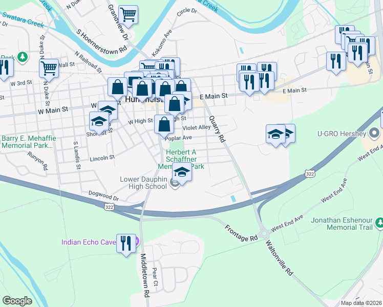 map of restaurants, bars, coffee shops, grocery stores, and more near Parkside Avenue in Hummelstown