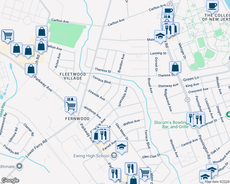 map of restaurants, bars, coffee shops, grocery stores, and more near 115 Stratford Avenue in Ewing Township