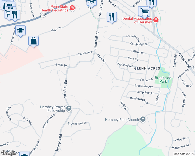 map of restaurants, bars, coffee shops, grocery stores, and more near 91 Woodland Avenue in Hershey