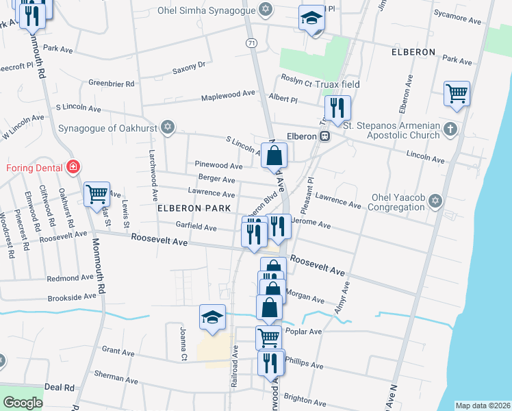 map of restaurants, bars, coffee shops, grocery stores, and more near 214 Elberon Boulevard in Monmouth County