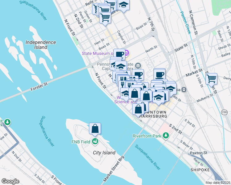 map of restaurants, bars, coffee shops, grocery stores, and more near 315 North Front Street in Harrisburg