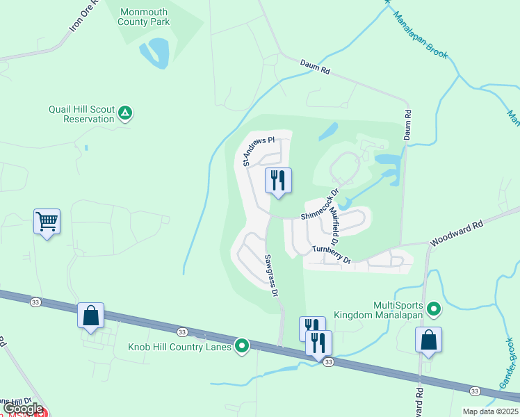 map of restaurants, bars, coffee shops, grocery stores, and more near 360 Saint Andrews Place in Manalapan Township