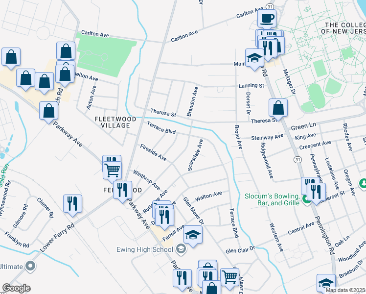 map of restaurants, bars, coffee shops, grocery stores, and more near 115 Stratford Avenue in Ewing Township