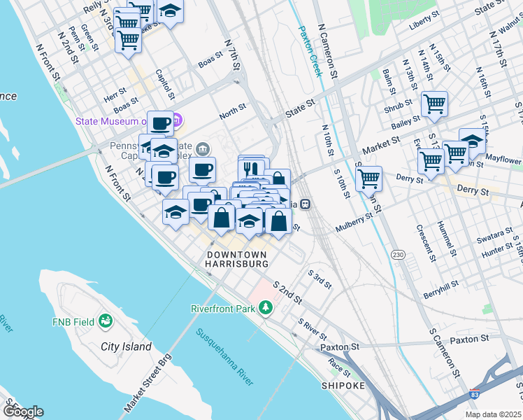 map of restaurants, bars, coffee shops, grocery stores, and more near 326 Market Street in Harrisburg