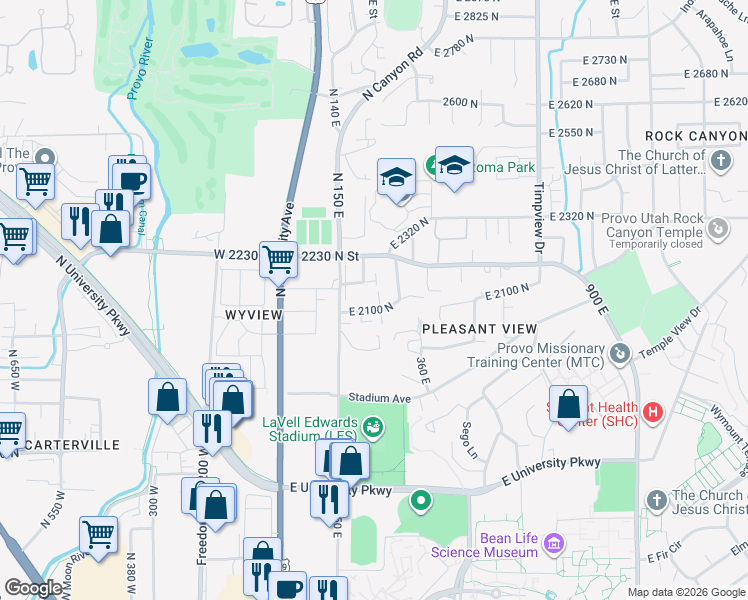map of restaurants, bars, coffee shops, grocery stores, and more near 2131 North 220 East Street in Provo