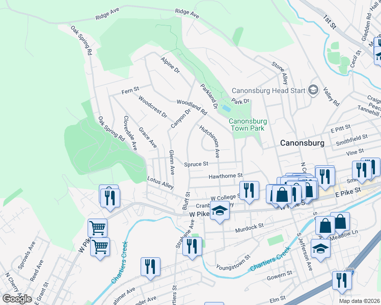 map of restaurants, bars, coffee shops, grocery stores, and more near 412 Bluff Street in Canonsburg