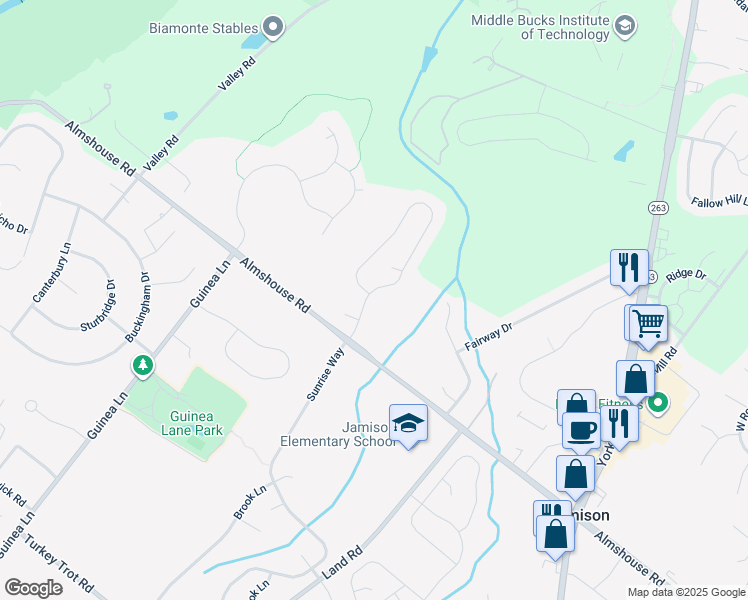 map of restaurants, bars, coffee shops, grocery stores, and more near 2211 Sunrise Way in Jamison