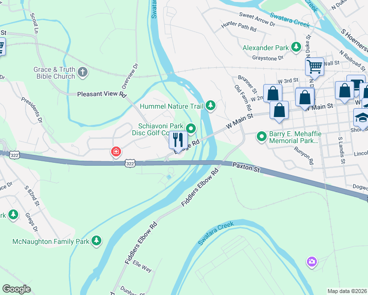 map of restaurants, bars, coffee shops, grocery stores, and more near 9009 Bridge Road in Hummelstown