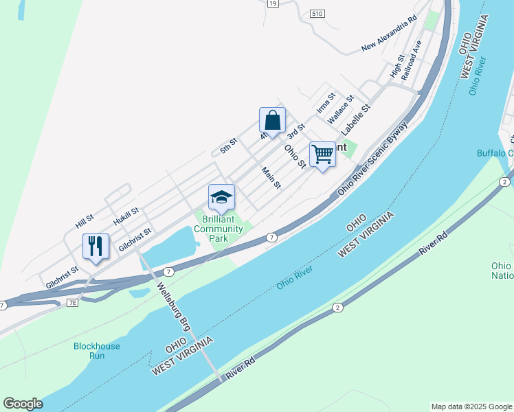 map of restaurants, bars, coffee shops, grocery stores, and more near 1005 Labelle Street in Brilliant