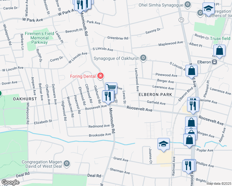 map of restaurants, bars, coffee shops, grocery stores, and more near 222 Cedar Street in Monmouth County