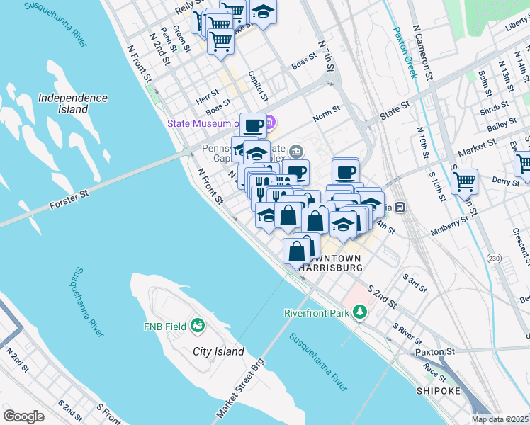 map of restaurants, bars, coffee shops, grocery stores, and more near 125 Pine Street in Harrisburg