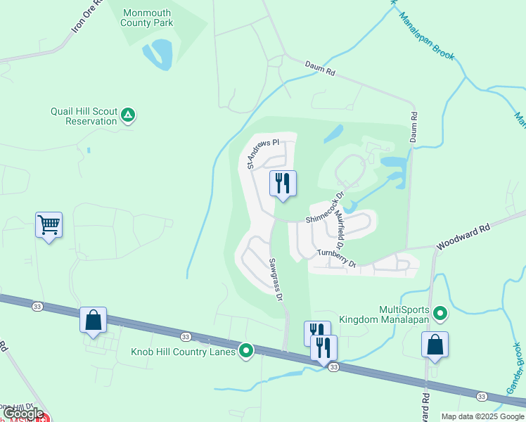 map of restaurants, bars, coffee shops, grocery stores, and more near 378 Saint Andrews Place in Englishtown