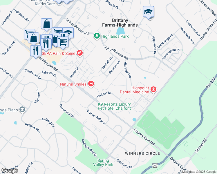 map of restaurants, bars, coffee shops, grocery stores, and more near 261 Foxhedge Road in Chalfont